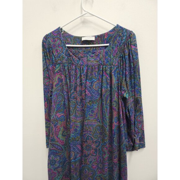 VTG 90s Miss Elaine Womens Long Night Gown Medium Blue Paisley Long Sleeve Trad - Picture 2 of 7